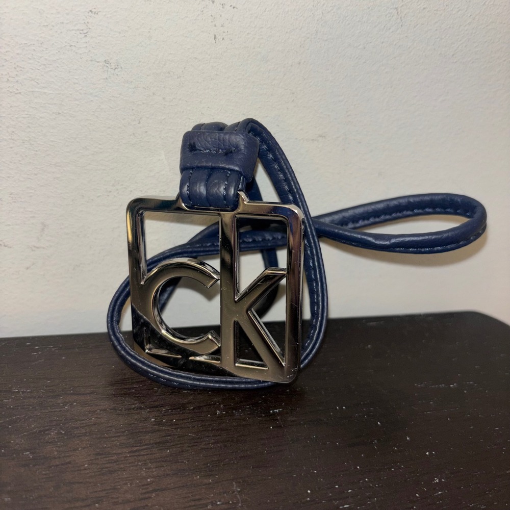 Calvin Klein | CK Logo | Bag Charm | Navy Blue Leather | Silver Square Keychain - Picture 2 of 7